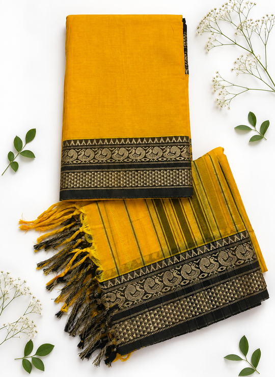 Traditional Wear Narayanpet Mercerised Cotton Dress Material with Mustard Yellow Colour | Woven Border