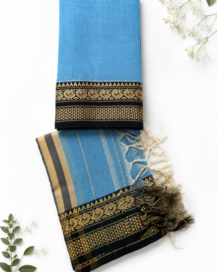 Traditional Wear Narayanpet Mercerised Cotton Dress Material with Sky Blue Colour | Woven Border
