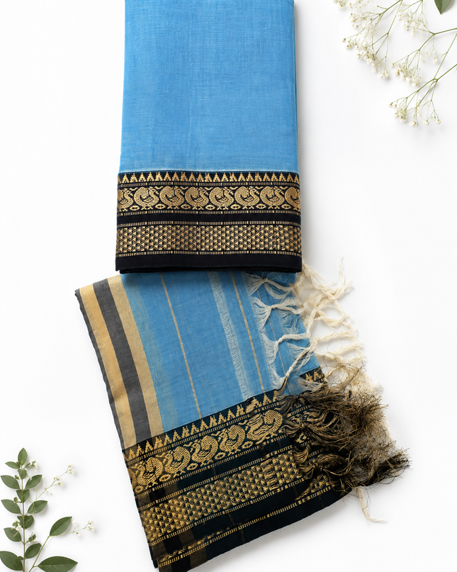 Traditional Wear Narayanpet Mercerised Cotton Dress Material with Sky Blue Colour | Woven Border