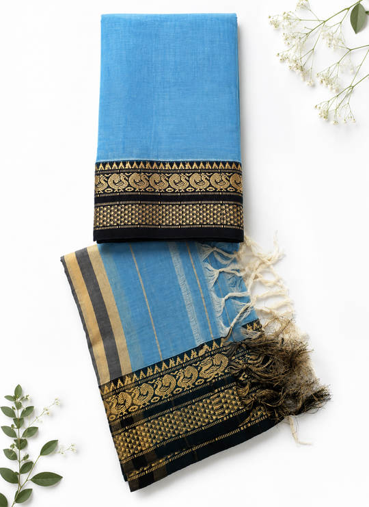 Traditional Wear Narayanpet Mercerised Cotton Dress Material with Sky Blue Colour | Woven Border