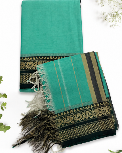 Traditional Wear Narayanpet Mercerised Cotton Dress Material with Turquoise Green Colour | Woven Border