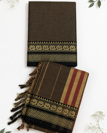 Traditional Wear Narayanpet Mercerised Cotton Dress Material with Coffee Brown Colour | Woven Border