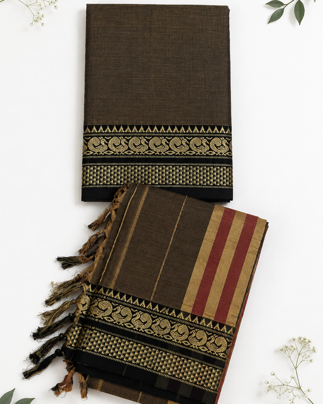 Traditional Wear Narayanpet Mercerised Cotton Dress Material with Coffee Brown Colour | Woven Border