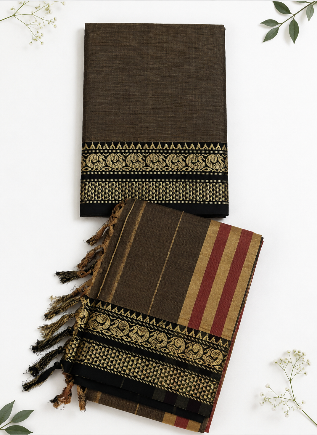 Traditional Wear Narayanpet Mercerised Cotton Dress Material with Coffee Brown Colour | Woven Border