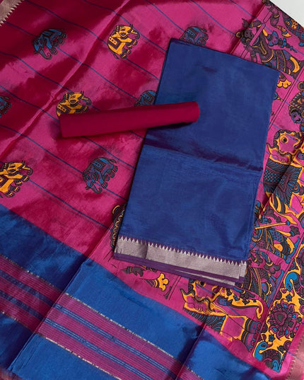 Mangalagiri Semi Pattu Dress Material with Zari Border – Sea Blue Colour