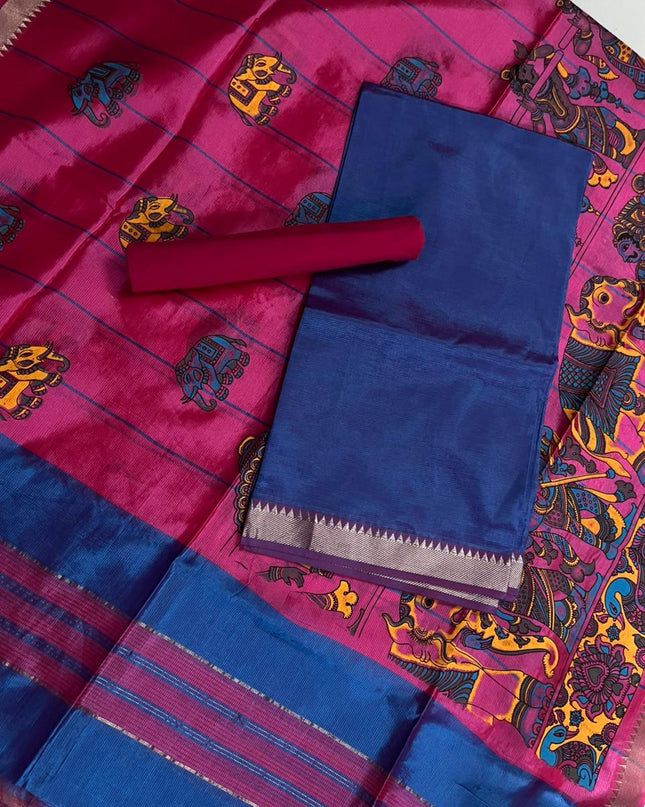 Mangalagiri Semi Pattu Dress Material with Zari Border – Sea Blue Colour