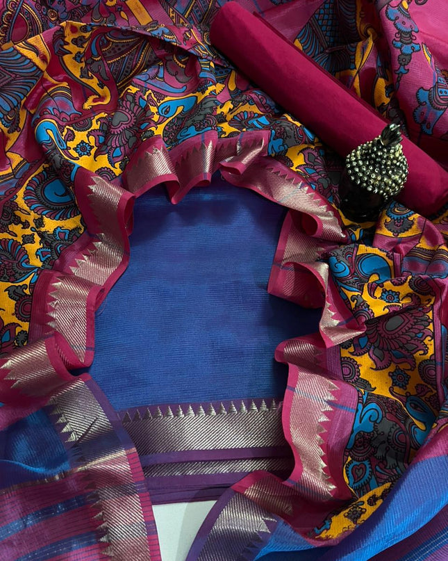 Mangalagiri Semi Pattu Dress Material with Zari Border – Sea Blue Colour