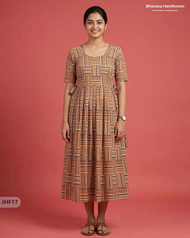 Kalamkari Design Frock – Brown & Multi Colour | Handloom Ethnic Wear with Half Lining