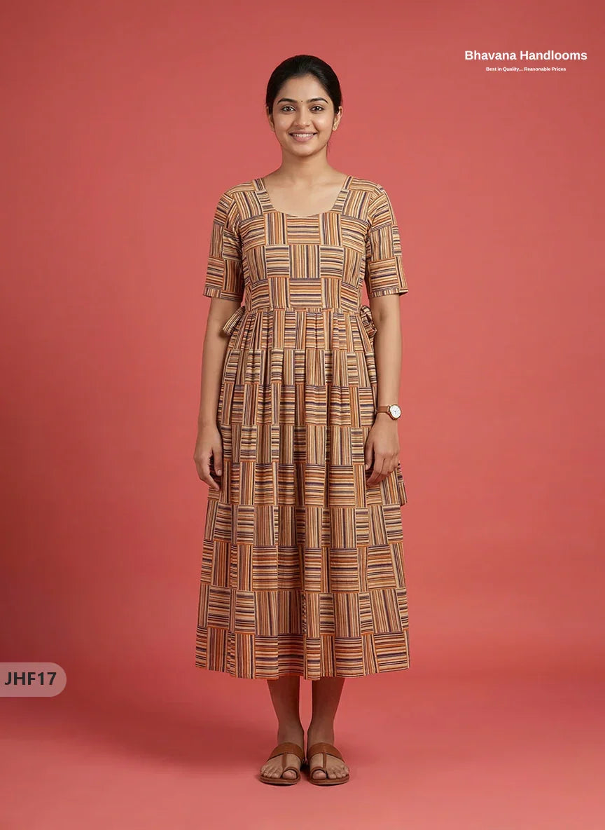 Kalamkari Design Frock – Brown & Multi Colour | Handloom Ethnic Wear with Half Lining