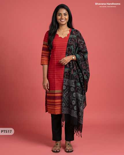 Jacquard 3PC Kurti Set in Red Colour with Designer Black Printed Dupatta and Elastic Bottom | Ready to Wear