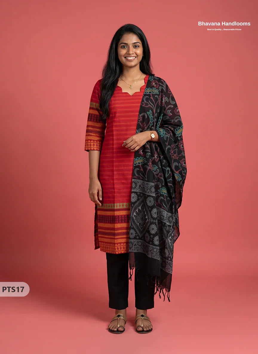 Jacquard 3PC Kurti Set in Red Colour with Designer Black Printed Dupatta and Elastic Bottom | Ready to Wear