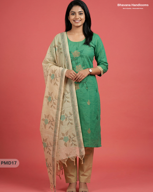 Ready-to-Wear Floral Print 3PC Kurti Set with Mirror Work | Green colour