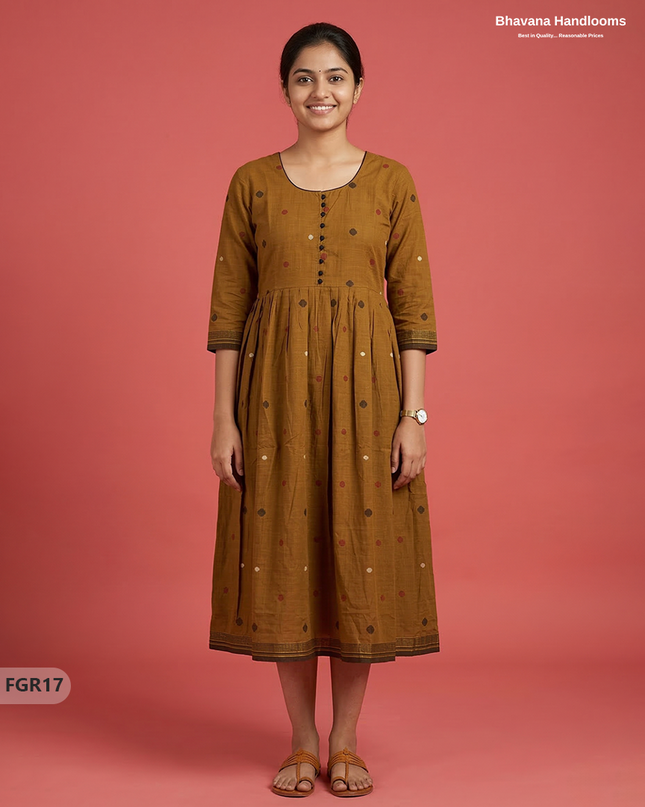 Summer Special Premium Cotton Handloom Frock with Woven Design | Chocolate Colour
