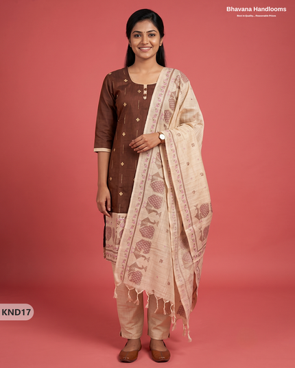 Designer Printed Cotton Floral 3PC Kurti Set in Coffee Brown Colour | Full-Length Lining | Ready-to-Wear