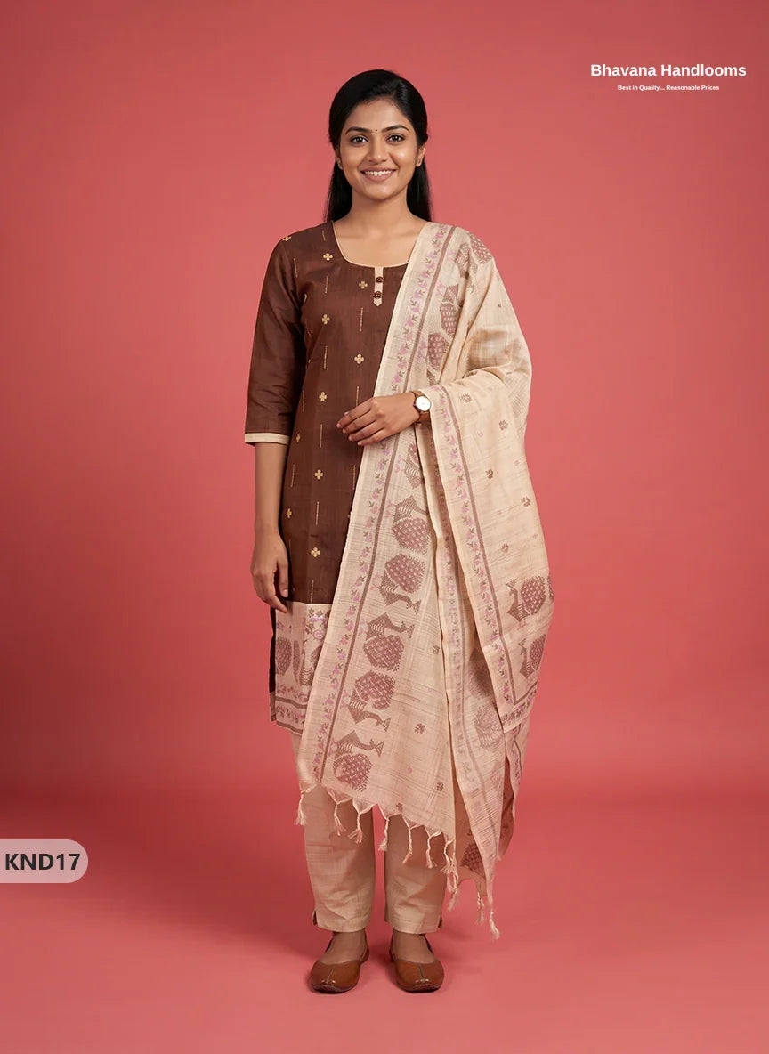 Designer Printed Cotton Floral 3PC Kurti Set in Coffee Brown Colour | Full-Length Lining | Ready-to-Wear