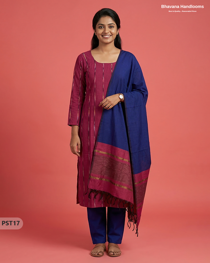 Pochampally Semi Pattu 3PC Kurti Set in Dark Red Colour | Ready-to-Wear Ethnic Wear