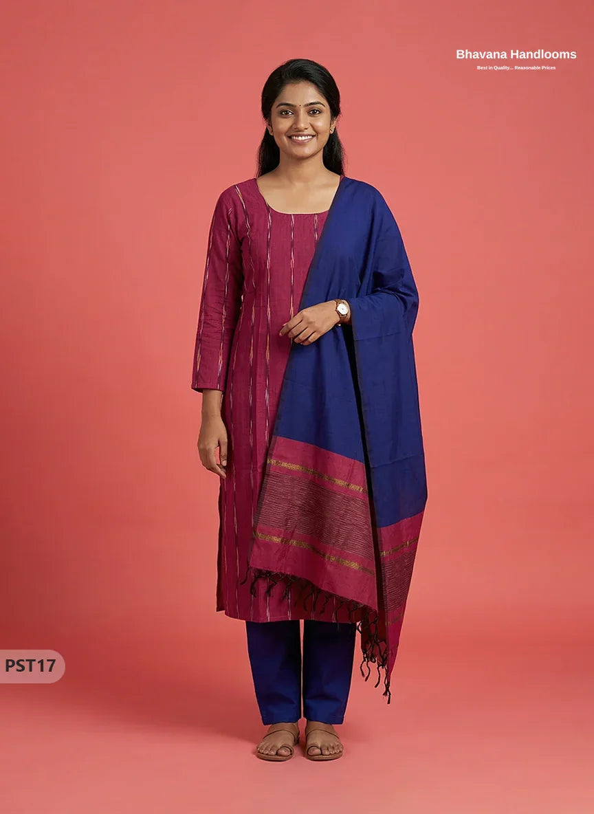 Pochampally Semi Pattu 3PC Kurti Set in Dark Red Colour | Ready-to-Wear Ethnic Wear