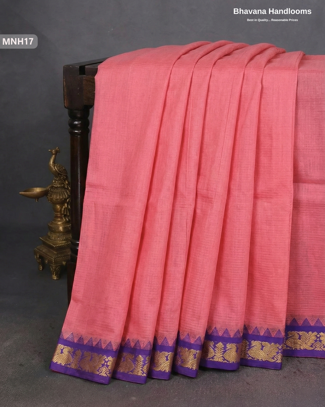 Mini Gadwal Cotton Saree in Light Pink with Small Zari Border | Without Blouse