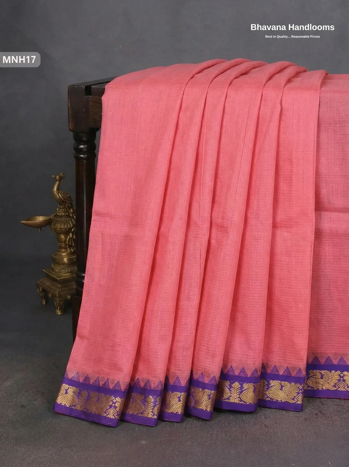 Mini Gadwal Cotton Saree in Light Pink with Small Zari Border | Without Blouse