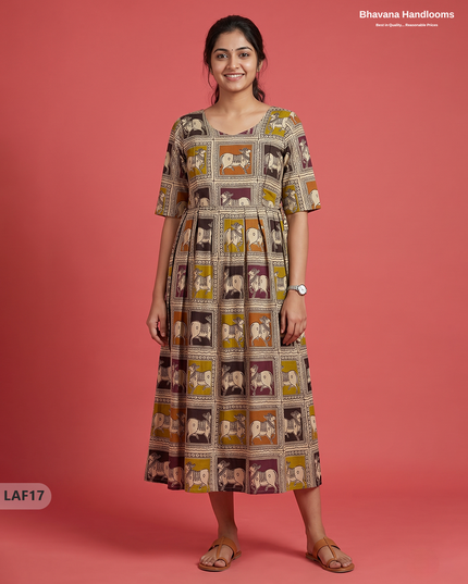 Feeding Frock with Kalamkari Design – Beige Color | Invisible Zips | Half Lining Maternity Wear