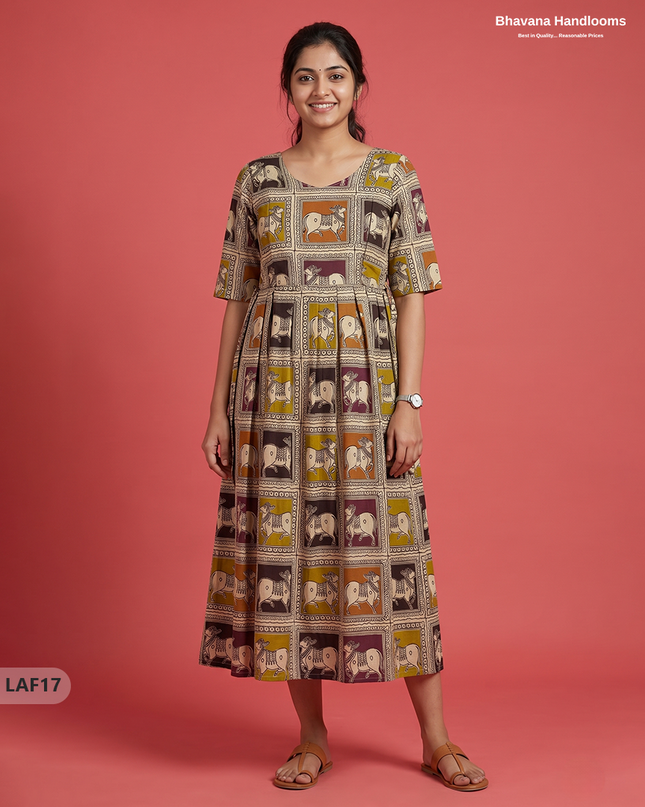 Feeding Frock with Kalamkari Design – Beige Color | Invisible Zips | Half Lining Maternity Wear
