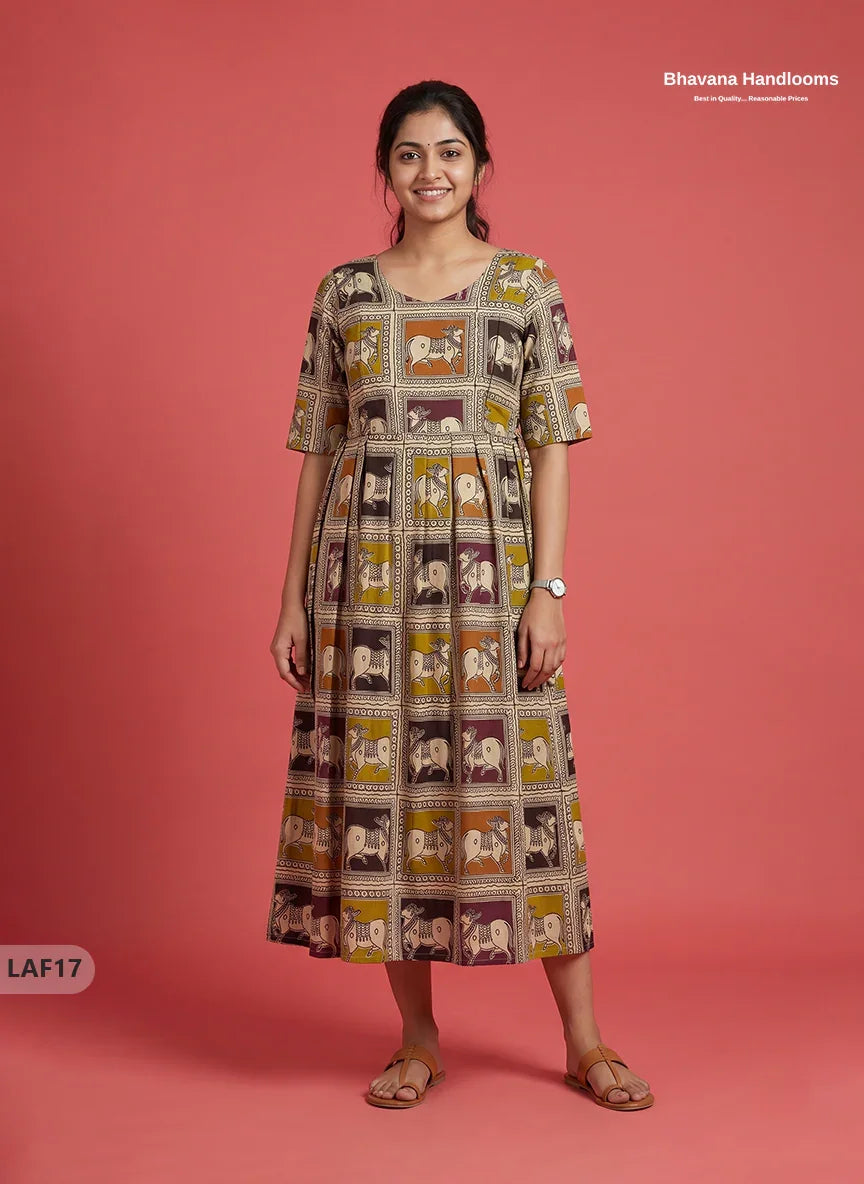 Feeding Frock with Kalamkari Design – Beige Color | Invisible Zips | Half Lining Maternity Wear