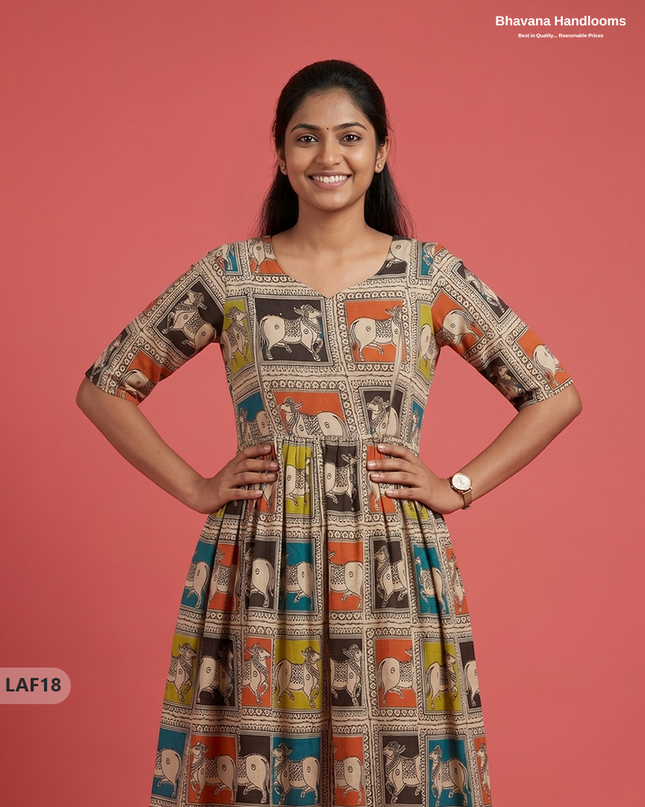 Feeding Frock with Kalamkari Design – Beige Color | Invisible Zips | Half Lining Maternity Wear