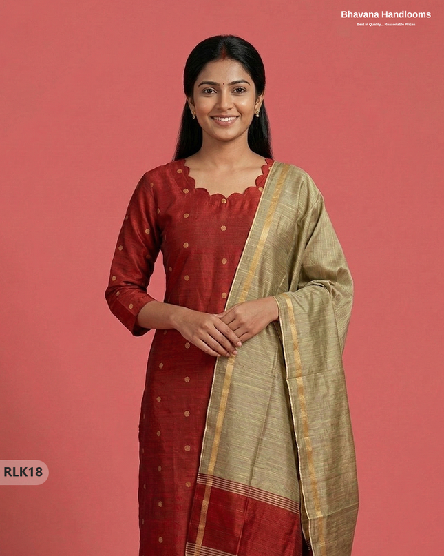 Raw Silk 2PC Set in Red Colour | Top & Bottom Only Ethnic Wear