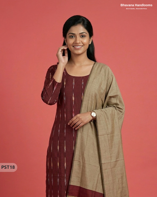 Pochampally Semi Pattu 3PC Kurti Set in Maroon Colour | Ready-to-Wear Ethnic Wear