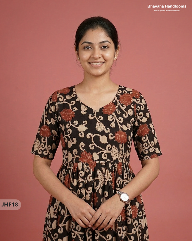 Kalamkari Design Frock – Black Colour | Handloom Ethnic Wear with Half Lining