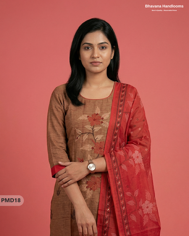 Ready-to-Wear Floral Print 3PC Kurti Set with Mirror Work | Brown colour