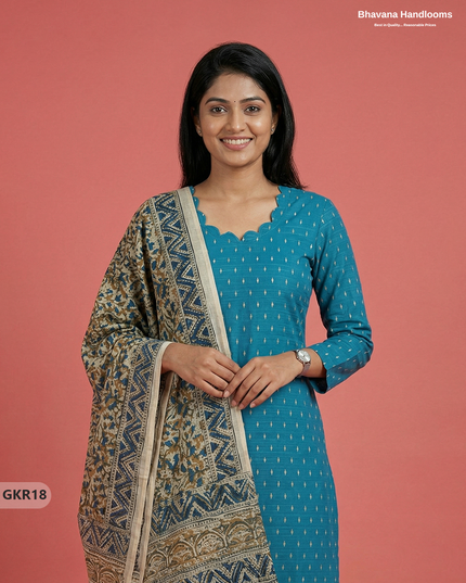 Raw Silk 3PC Kurti Set with Kalamkari Dupatta & Elastic Bottom in Sky Blue Colour | Ethnic Wear