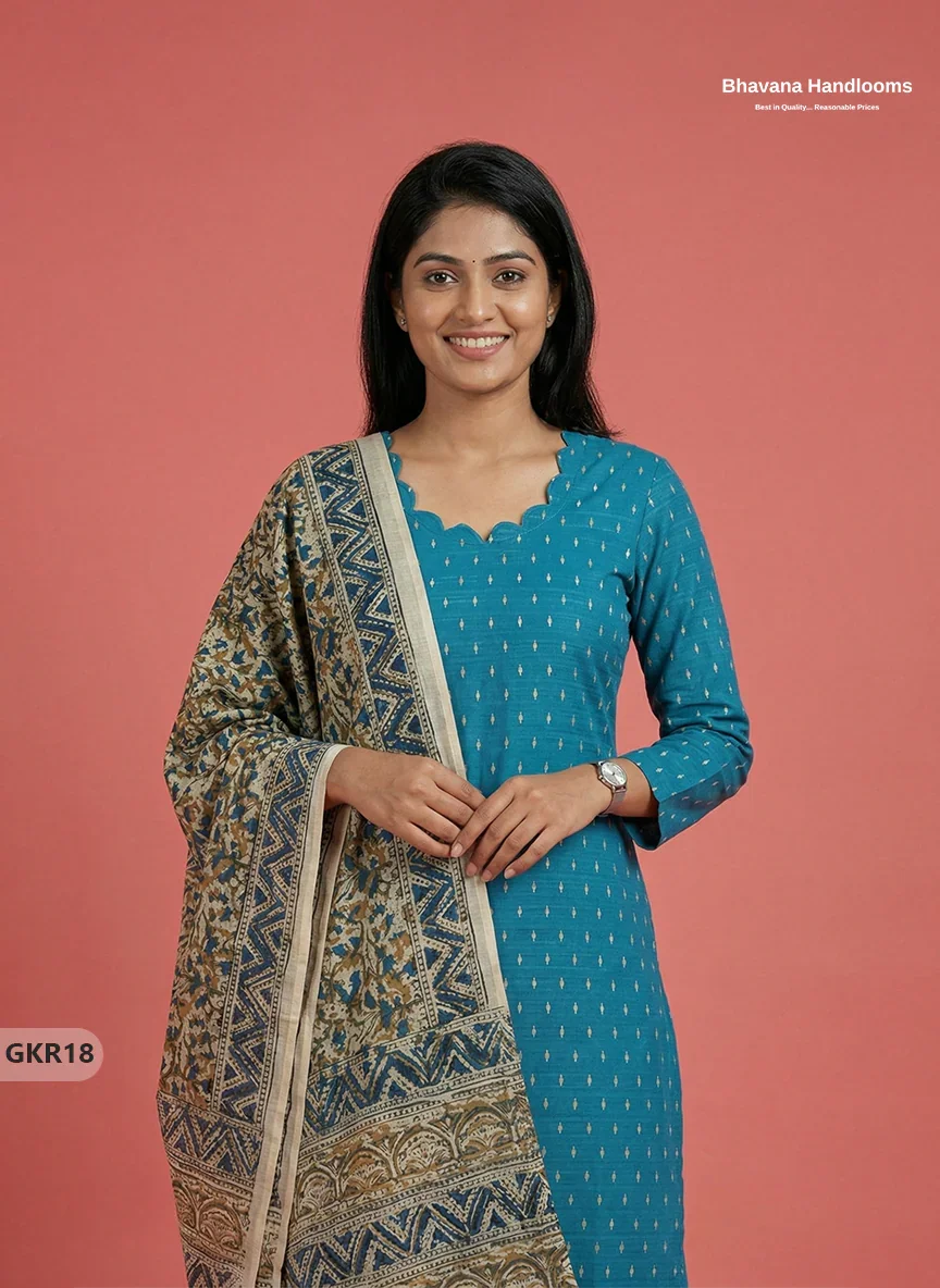 Raw Silk 3PC Kurti Set with Kalamkari Dupatta & Elastic Bottom in Sky Blue Colour | Ethnic Wear