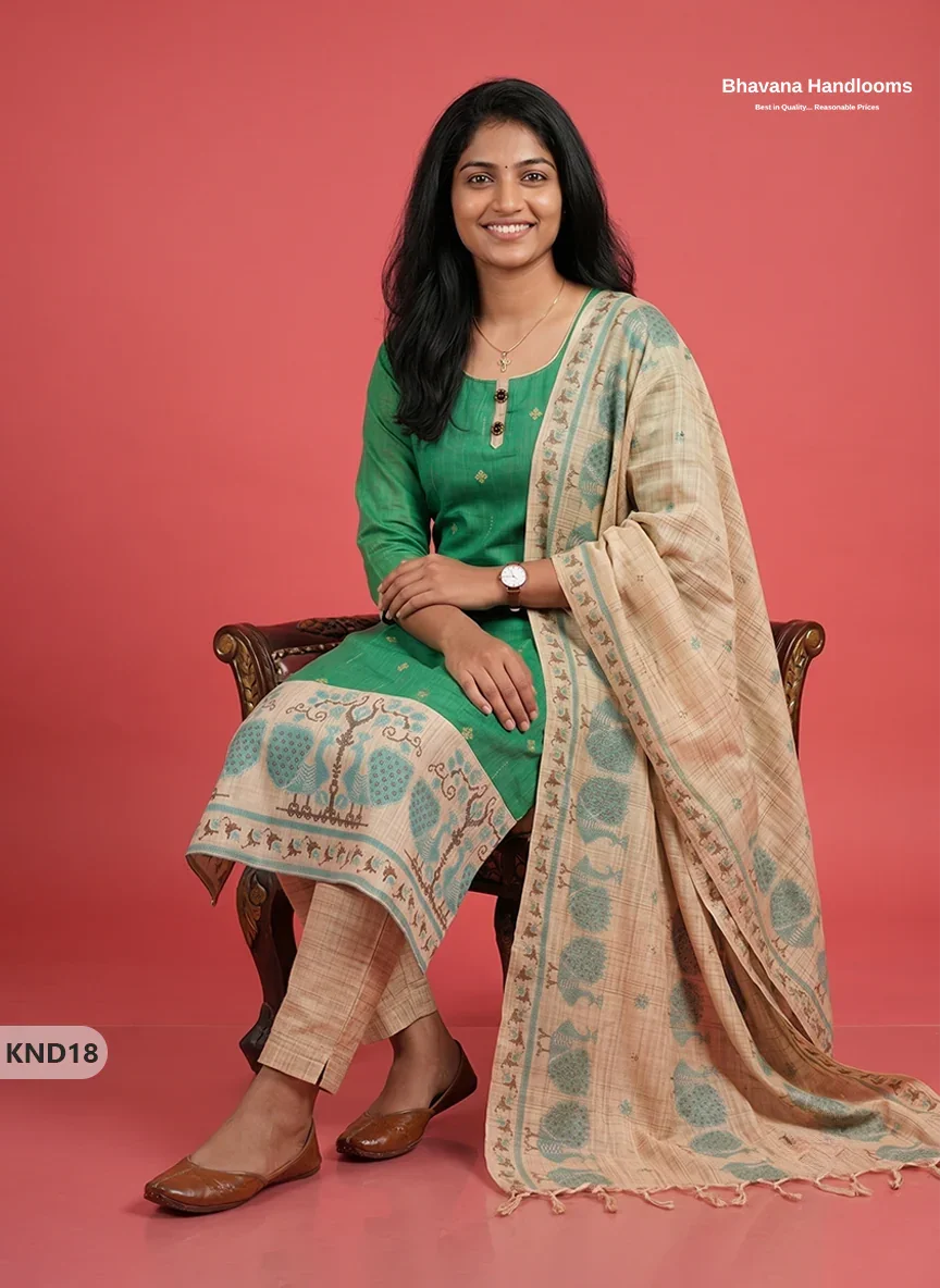Designer Printed Cotton Floral 3PC Kurti Set in Parrot Green Colour | Full-Length Lining | Ready-to-Wear