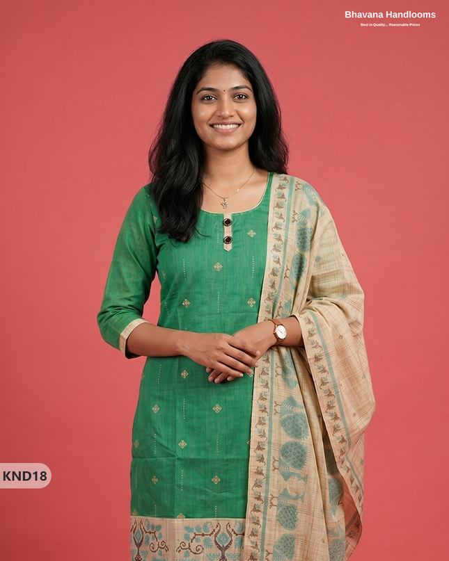 Designer Printed Cotton Floral 3PC Kurti Set in Parrot Green Colour | Full-Length Lining | Ready-to-Wear