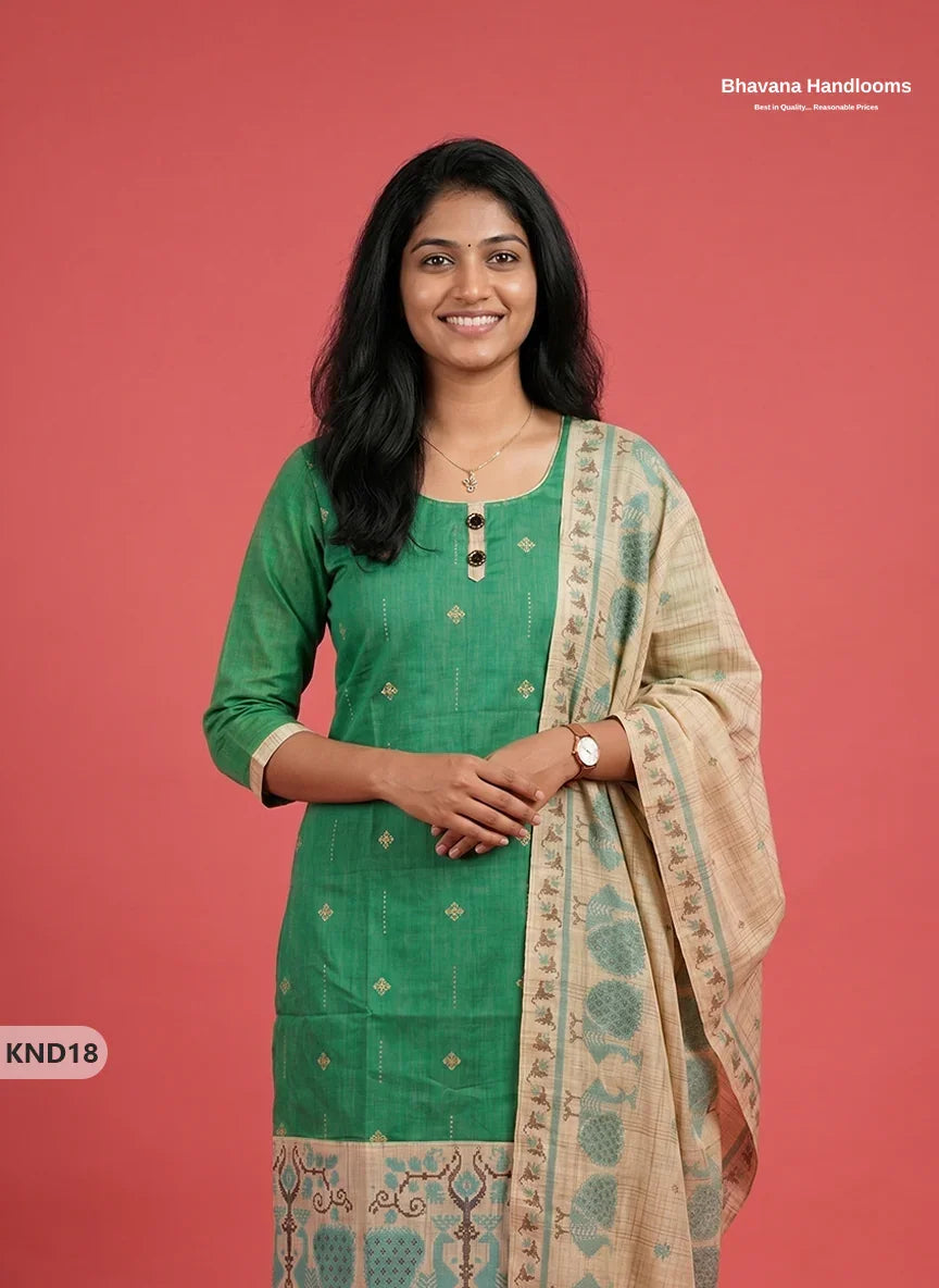 Designer Printed Cotton Floral 3PC Kurti Set in Parrot Green Colour | Full-Length Lining | Ready-to-Wear