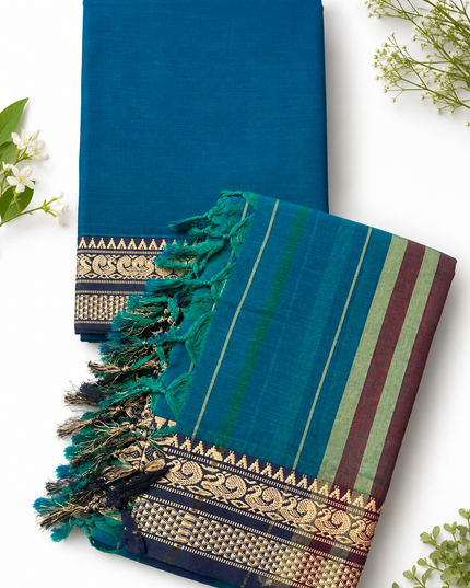 Traditional Wear Narayanpet Mercerised Cotton Dress Material with Teal Blue Colour | Woven Border