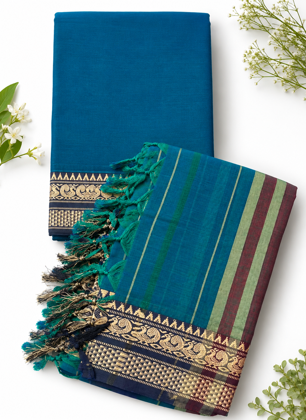 Traditional Wear Narayanpet Mercerised Cotton Dress Material with Teal Blue Colour | Woven Border