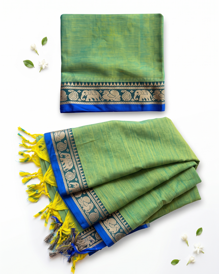 Traditional Wear Narayanpet Mercerised Cotton Dress Material with Green Colour | Woven Border