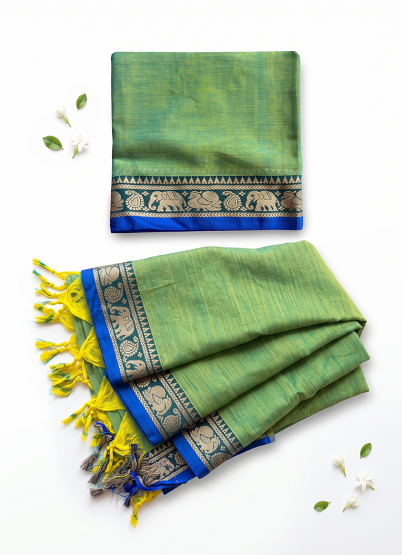 Traditional Wear Narayanpet Mercerised Cotton Dress Material with Green Colour | Woven Border