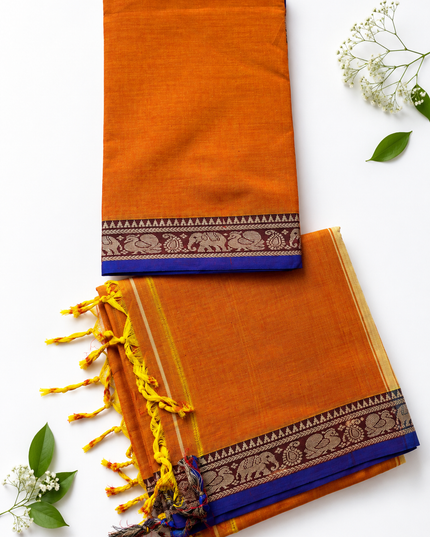 Traditional Wear Narayanpet Mercerised Cotton Dress Material with Orange Colour | Woven Border