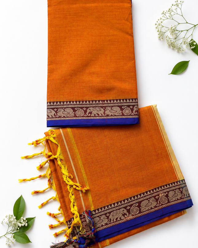 Traditional Wear Narayanpet Mercerised Cotton Dress Material with Orange Colour | Woven Border