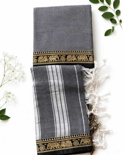 Traditional Wear Narayanpet Mercerised Cotton Dress Material with Grey Colour | Woven Border