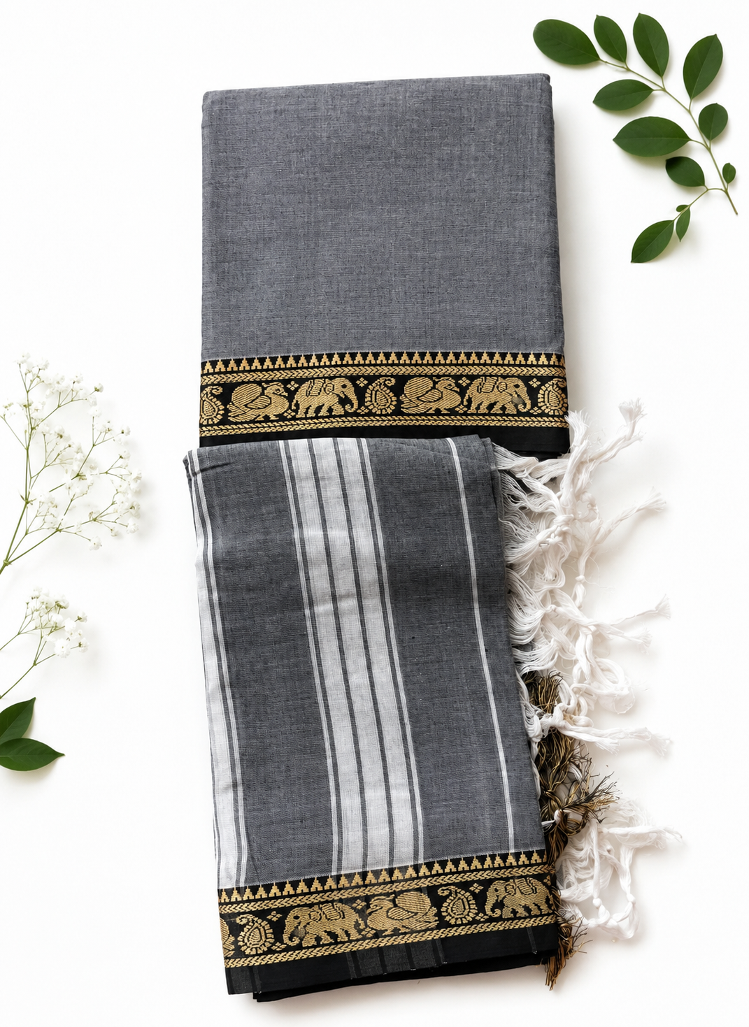 Traditional Wear Narayanpet Mercerised Cotton Dress Material with Grey Colour | Woven Border