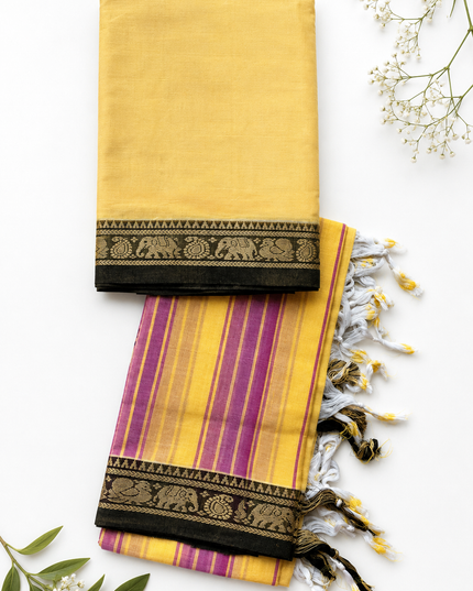 Traditional Wear Narayanpet Mercerised Cotton Dress Material with Mustard Yellow Colour | Woven Border