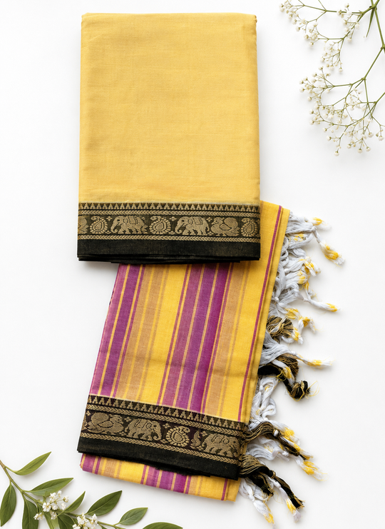 Traditional Wear Narayanpet Mercerised Cotton Dress Material with Mustard Yellow Colour | Woven Border