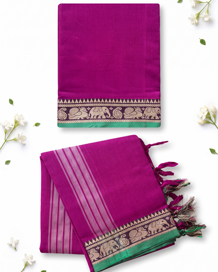 Traditional Wear Narayanpet Mercerised Cotton Dress Material with Magenta Pink Colour | Woven Border