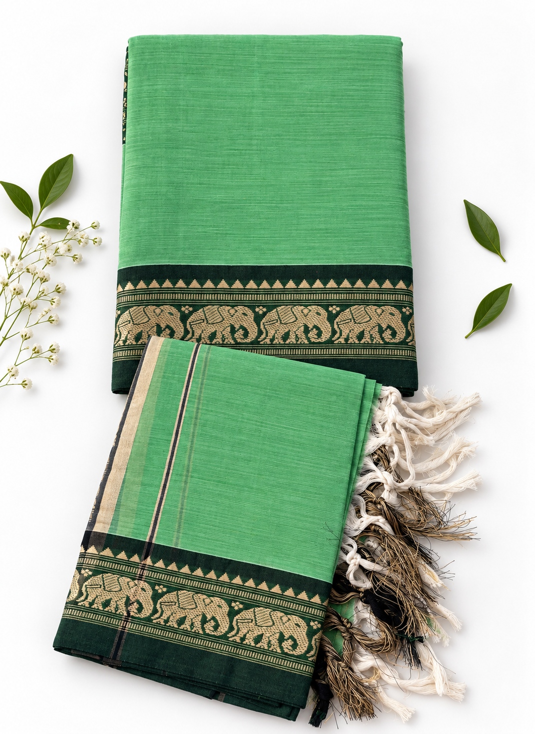 Traditional Narayanpet Mercerised Cotton Dress Material in Mint Green | Dark Green Woven Border