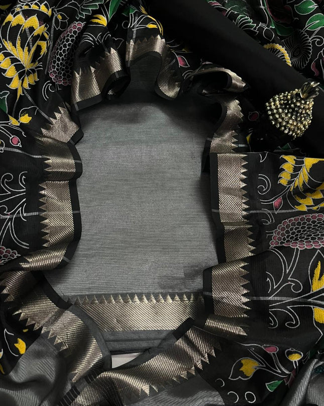 Mangalagiri Semi Pattu Dress Material with Zari Border – Gray Colour
