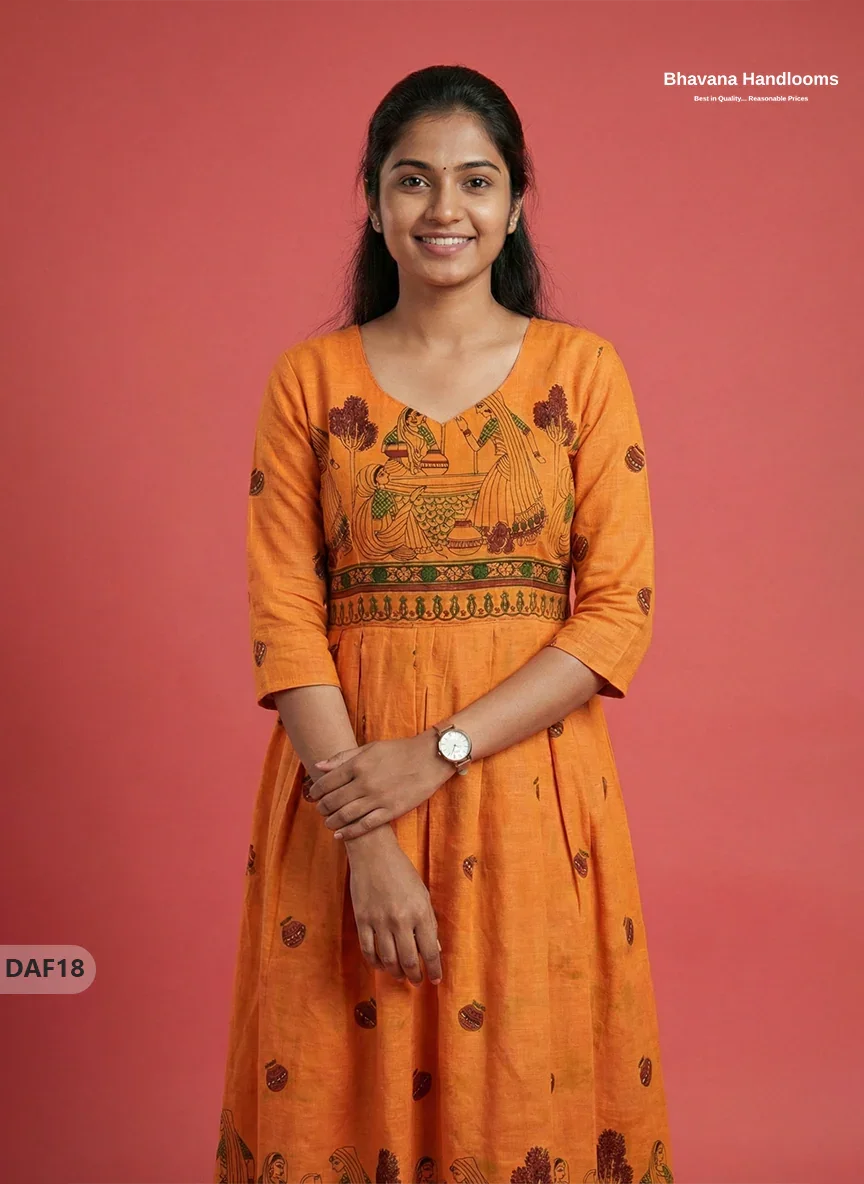 Comfortable Daily Wear Cotton Frock – Orange Colour | Half Lining